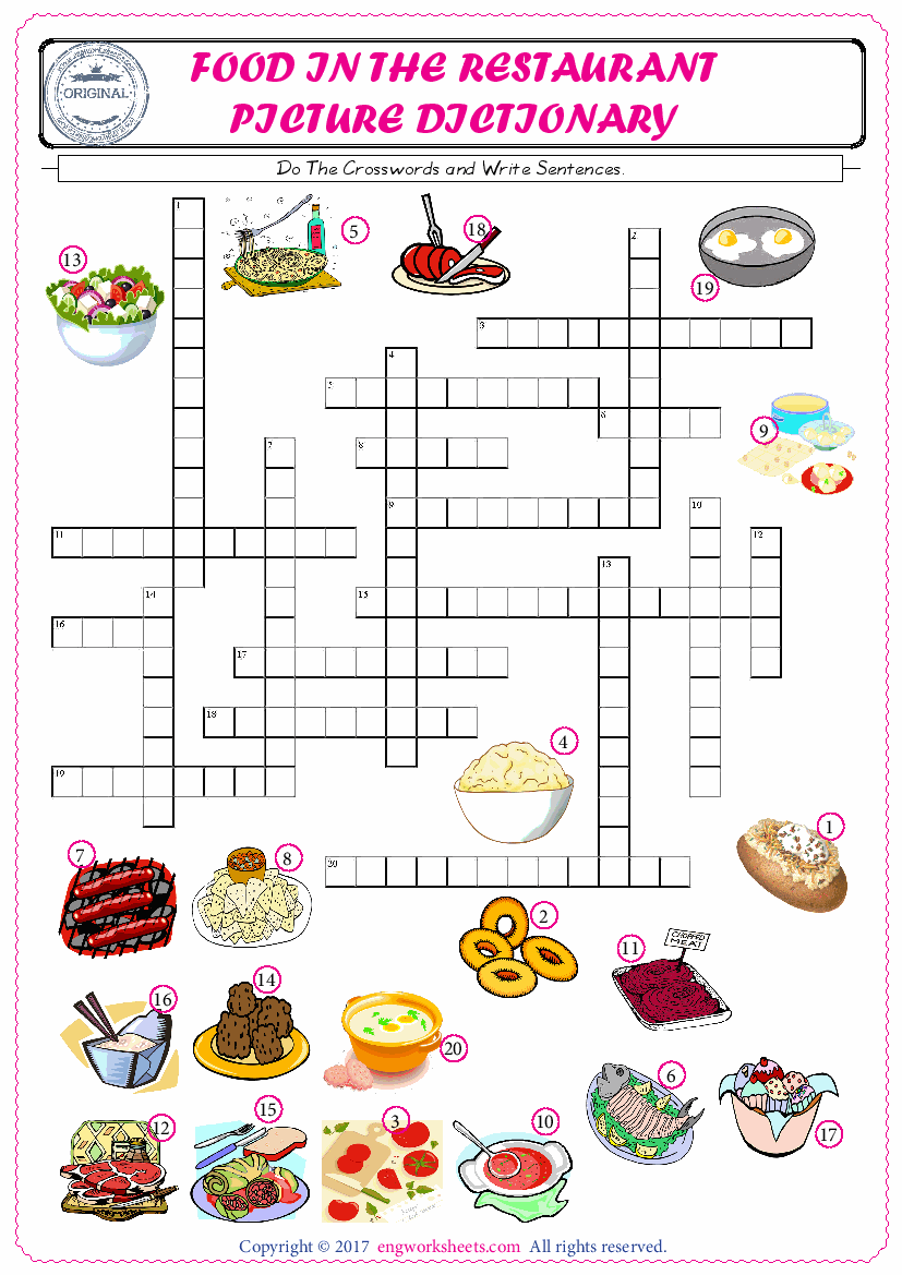 ESL printable worksheet for kids, supply the missing words of the crossword by using the Food In The Restaurant picture. 